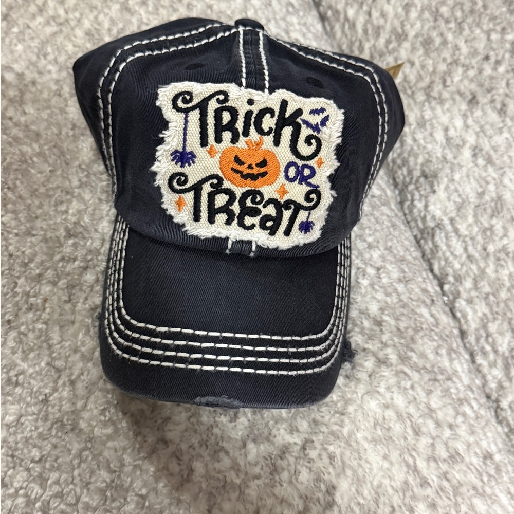 Halloween Distressed Adjustable Baseball Hat Trick or Treat Cap Black